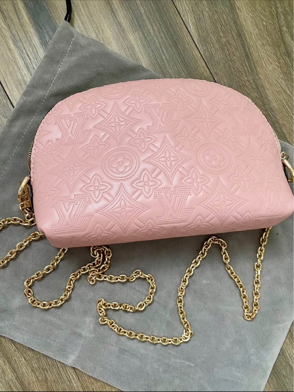 Embossed Pink Leather Crossbody with Gold Chain Strap